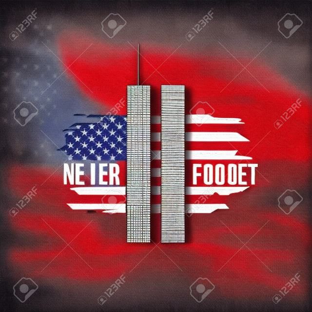 Carte 9/11 Patriot Day avec Twin Towers sur drapeau américain. Bannière USA Patriot Day. 11 septembre 2001. N'oubliez jamais. World Trade Center.Modèle de conception de vecteur pour Patriot Day.