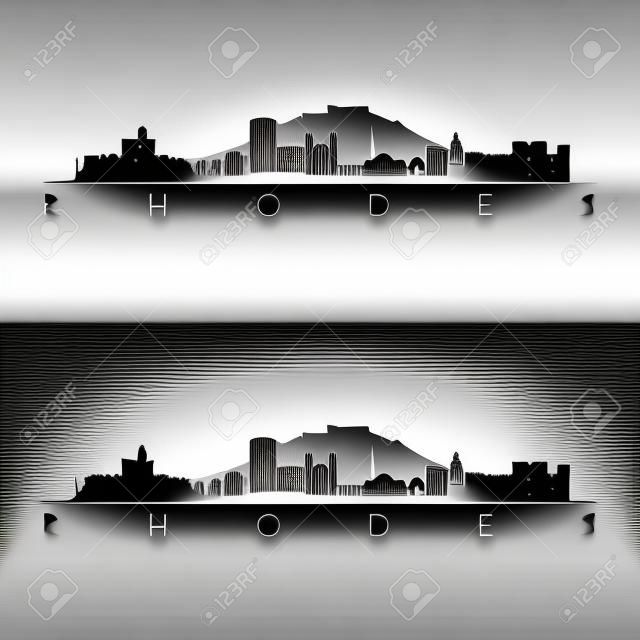 Rhodos, Griechenland Skyline und Wahrzeichen Silhouette, Schwarz-Weiß-Design, Vektor-Illustration.
