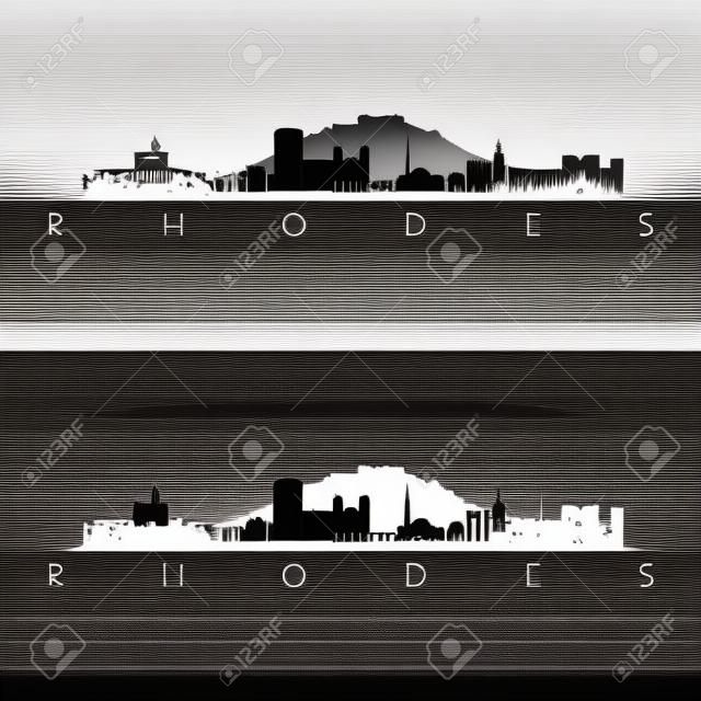 Rhodos, Griechenland Skyline und Wahrzeichen Silhouette, Schwarz-Weiß-Design, Vektor-Illustration.