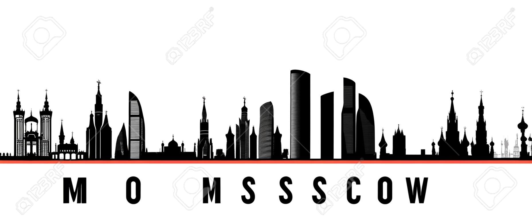 Banner horizontal del horizonte de la ciudad de Moscú. Silueta en blanco y negro de la ciudad de Moscú, Rusia. Plantilla de vector para su diseño.