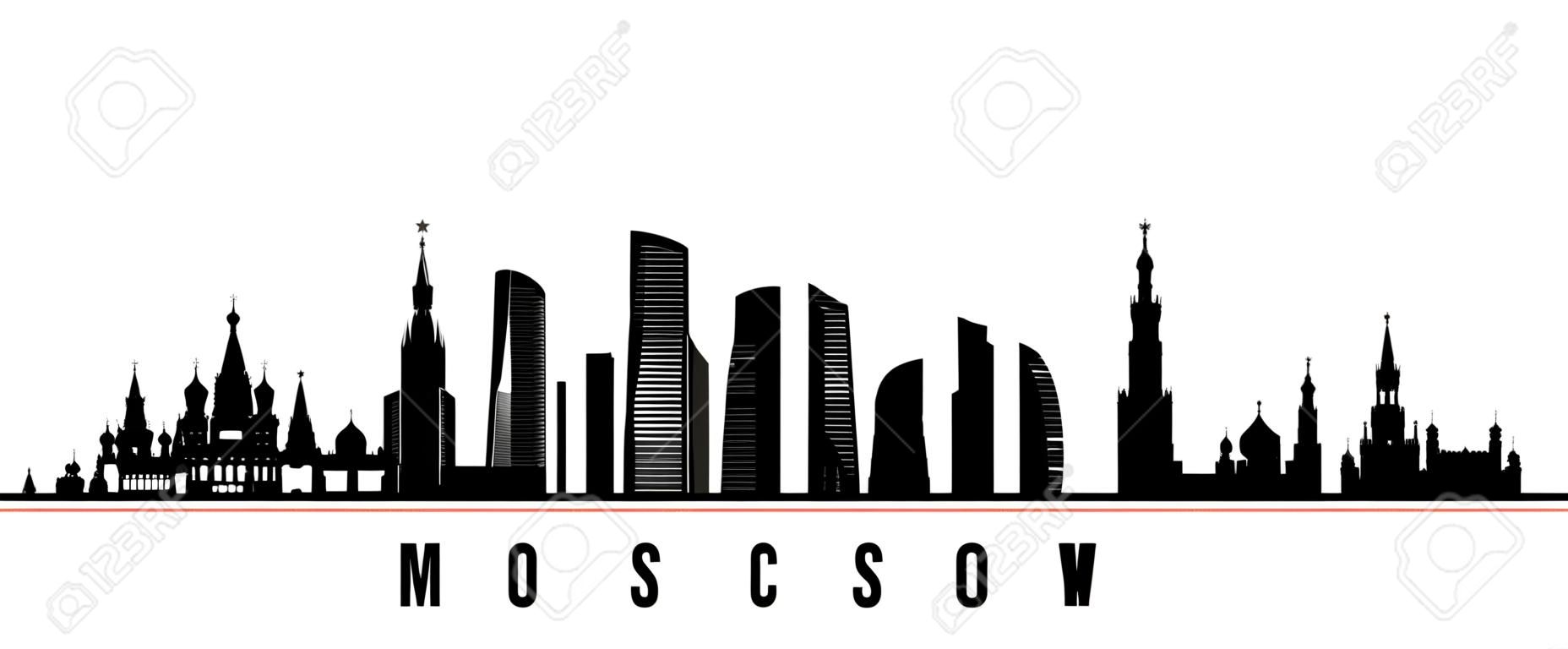 Banner horizontal del horizonte de la ciudad de Moscú. Silueta en blanco y negro de la ciudad de Moscú, Rusia. Plantilla de vector para su diseño.