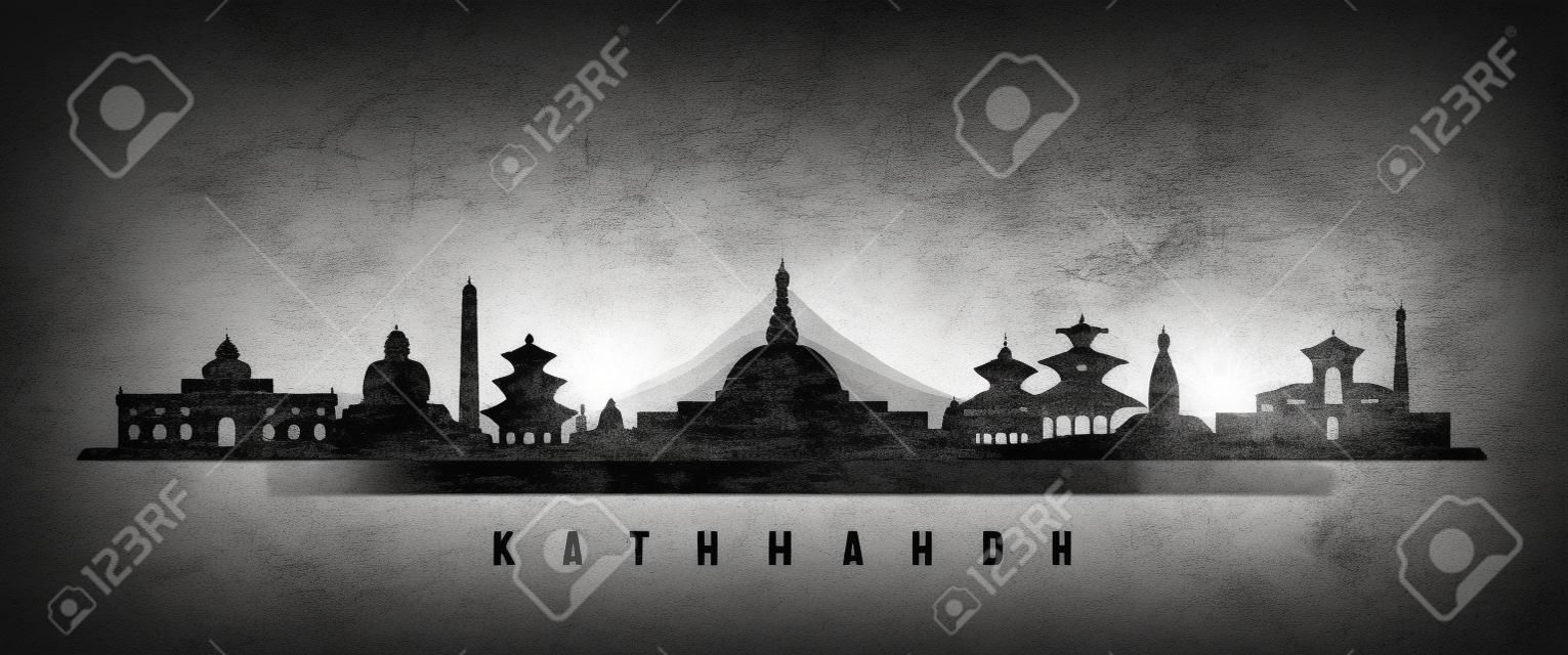 Horizontales Banner der Skyline von Kathmandu. Schwarz-weiße Silhouette der Stadt Kathmandu, Nepal. Vektorvorlage für Ihr Design.