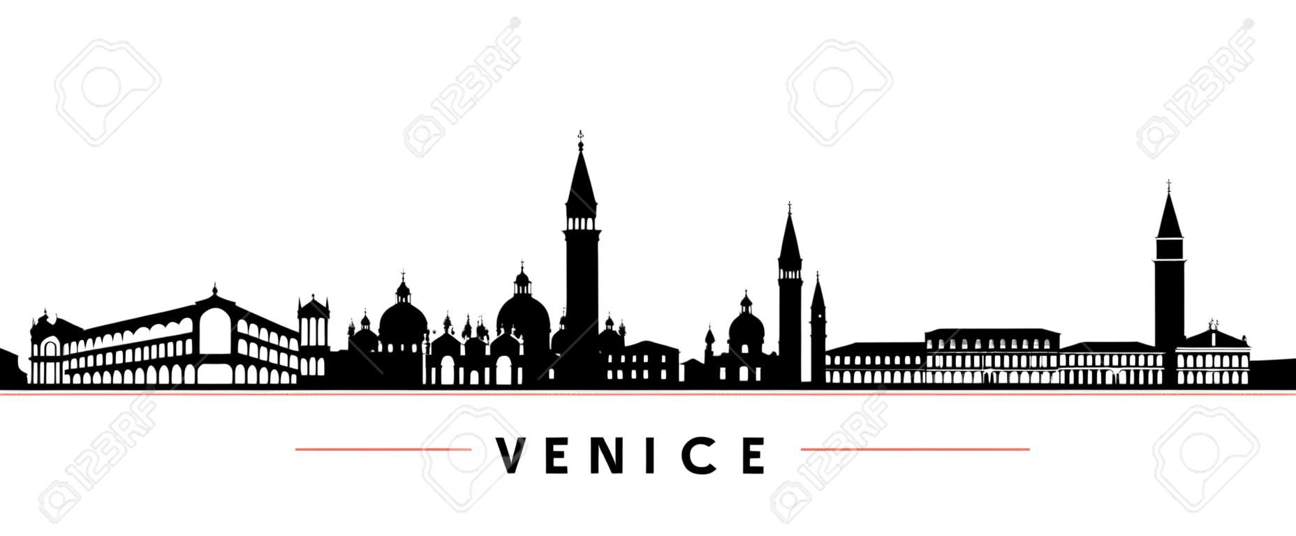 Bandiera orizzontale dello skyline di Venezia. Siluetta in bianco e nero della città di Venezia, Italia. Modello vettoriale per il tuo design.