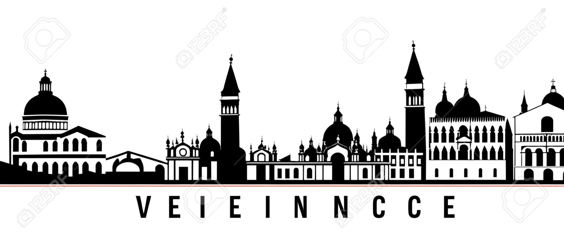 Venice skyline horizontal banner. Black and white silhouette of Venice City, Italy. Vector template for your design.