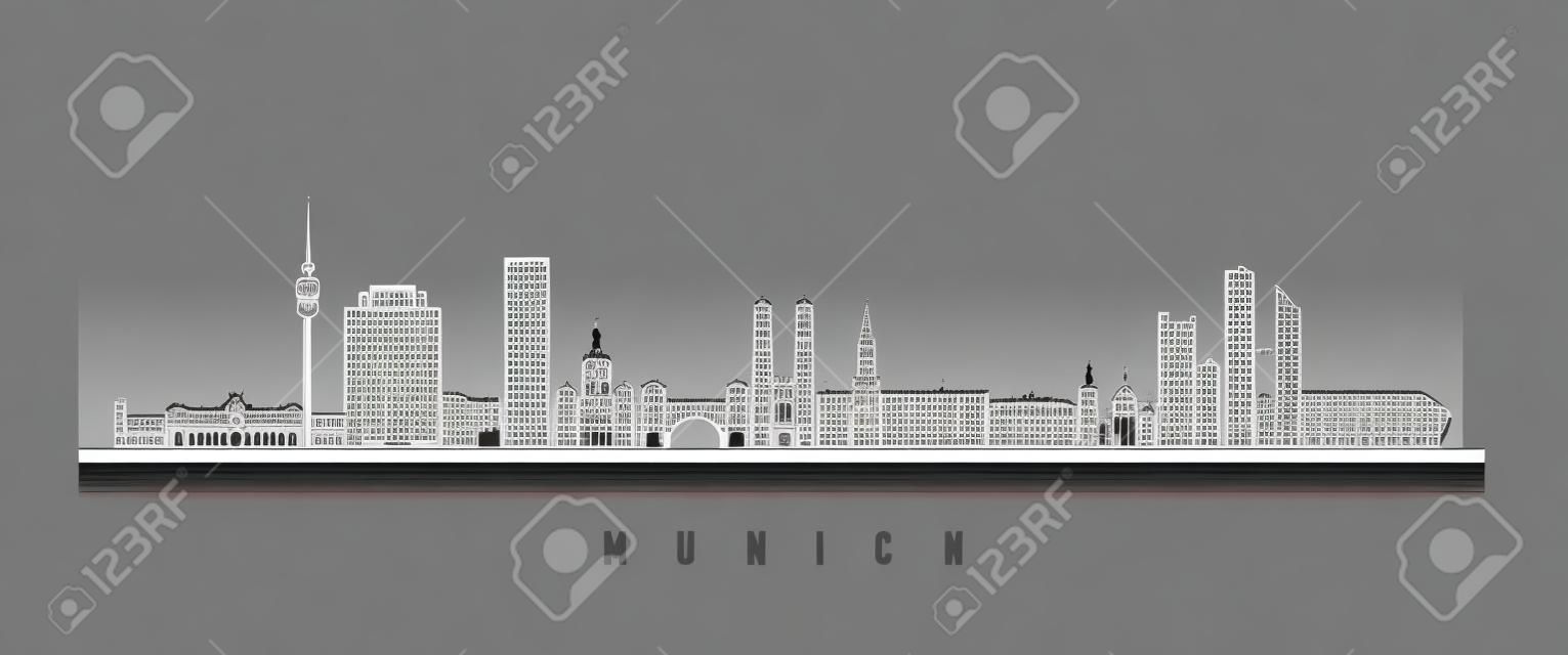 Horizontales Banner der Münchener Skyline. Schwarz-Weiß-Silhouette von München, Deutschland. Vektorvorlage für Ihr Design.