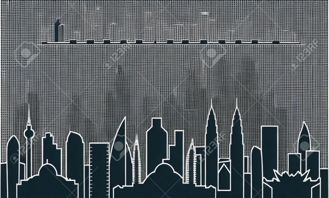 Outline Kuala Lumpur skyline. Trendy template with Kuala Lumpur city buildings and landmarks in line style. Stock vector design.
