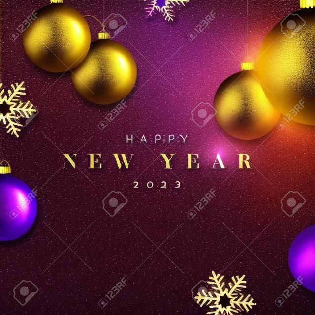 Gelukkig nieuwjaar 2023. hang gouden metallic ballen, glanzende sneeuwvlokken, 3d metallic en sterren op donker violet achtergrond. feestelijke design template voor wintervakanties.