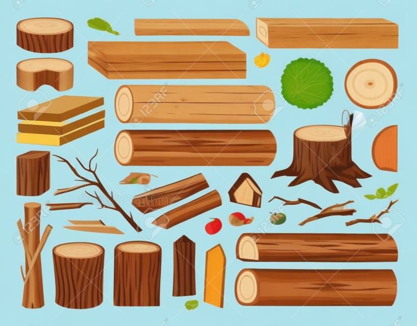 Cartoon wooden logs, tree trunks, planks, wood industry materials. Wood lumber branch, stacked woodwork planks and firewood vector illustration set. wooden products collection