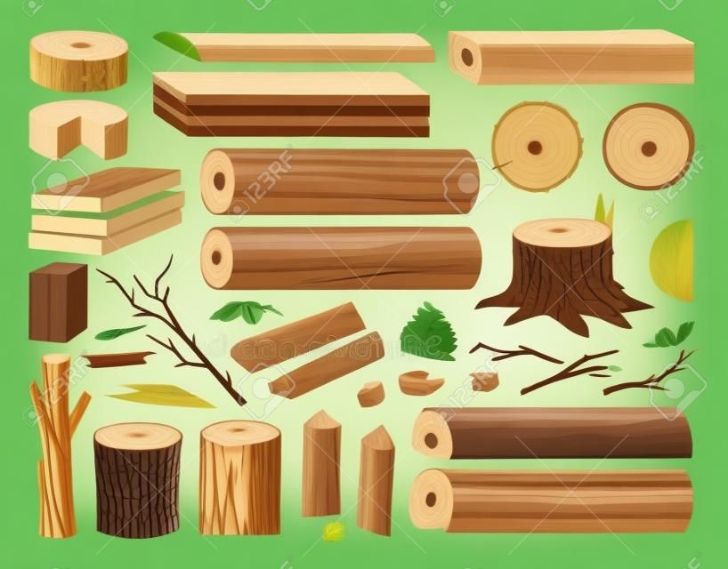 Cartoon wooden logs, tree trunks, planks, wood industry materials. Wood lumber branch, stacked woodwork planks and firewood vector illustration set. wooden products collection