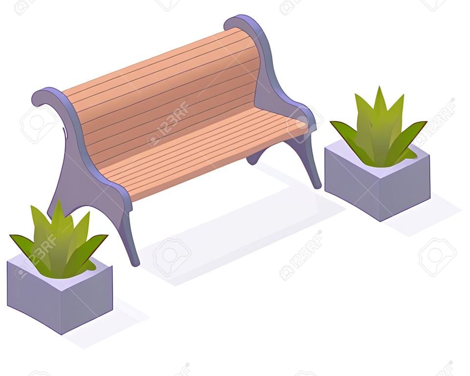 wooden garden bench. Isometric backyard or city park bench with planting of greenery. Modern garden furniture 3d vector illustration