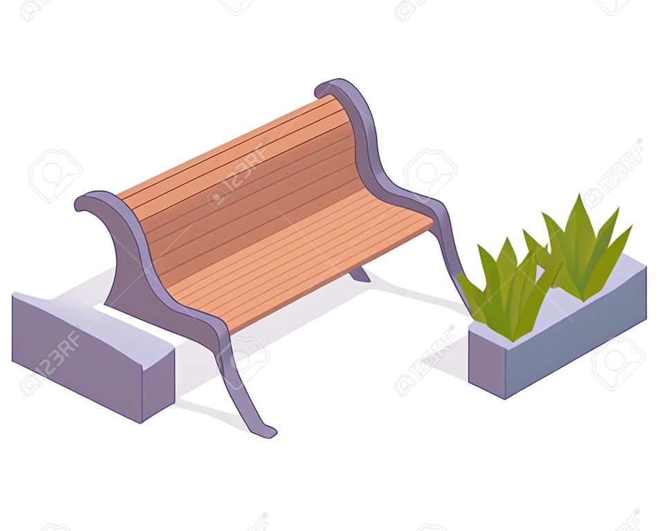 wooden garden bench. Isometric backyard or city park bench with planting of greenery. Modern garden furniture 3d vector illustration