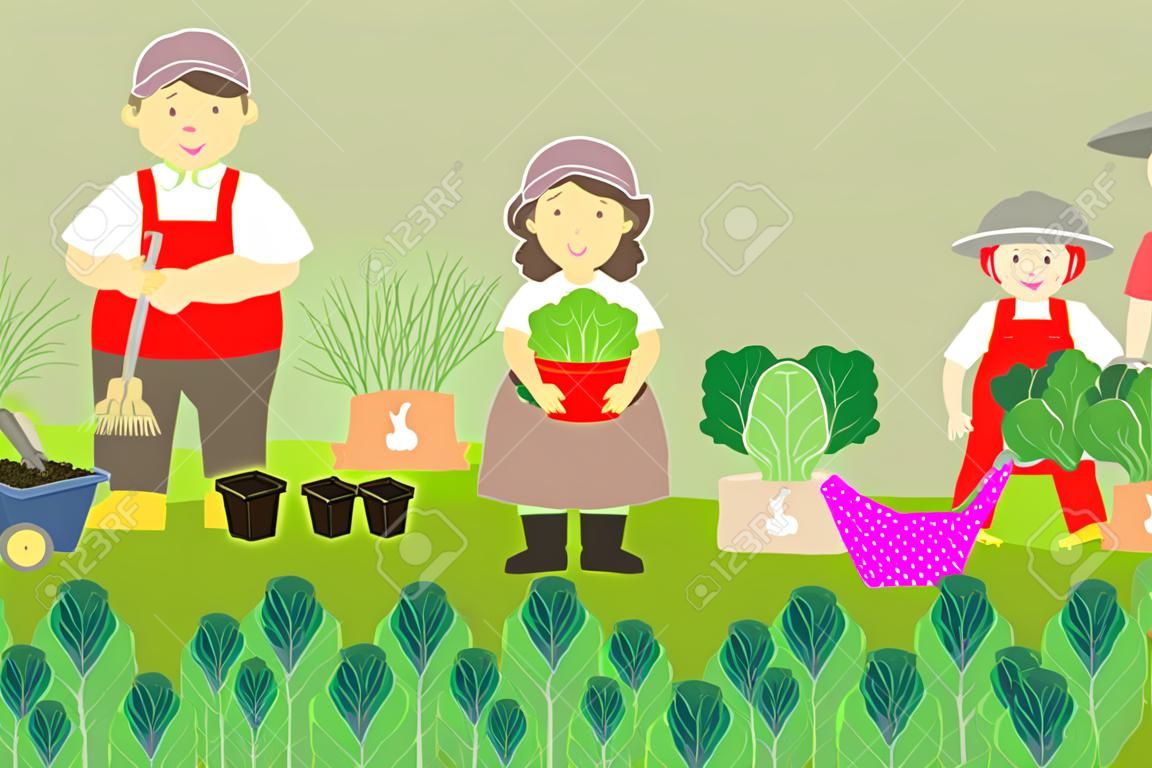Agricoltori familiari. Coltivazione di ortaggi in un giardino domestico