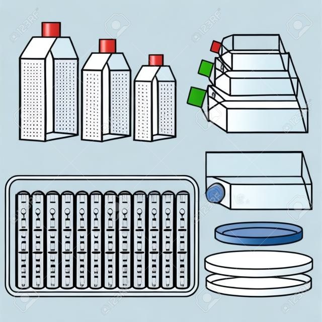 Frasco e placas para cultivo de células. Ilustração vetorial de equipamentos de laboratório usados em experimentos de ciências naturais