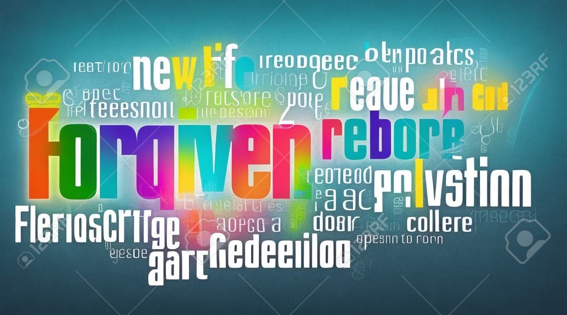 Graphic montage illustration of the Christian concept of forgiveness composed of associated words and concepts. An inspirational contemporary design available as vector.