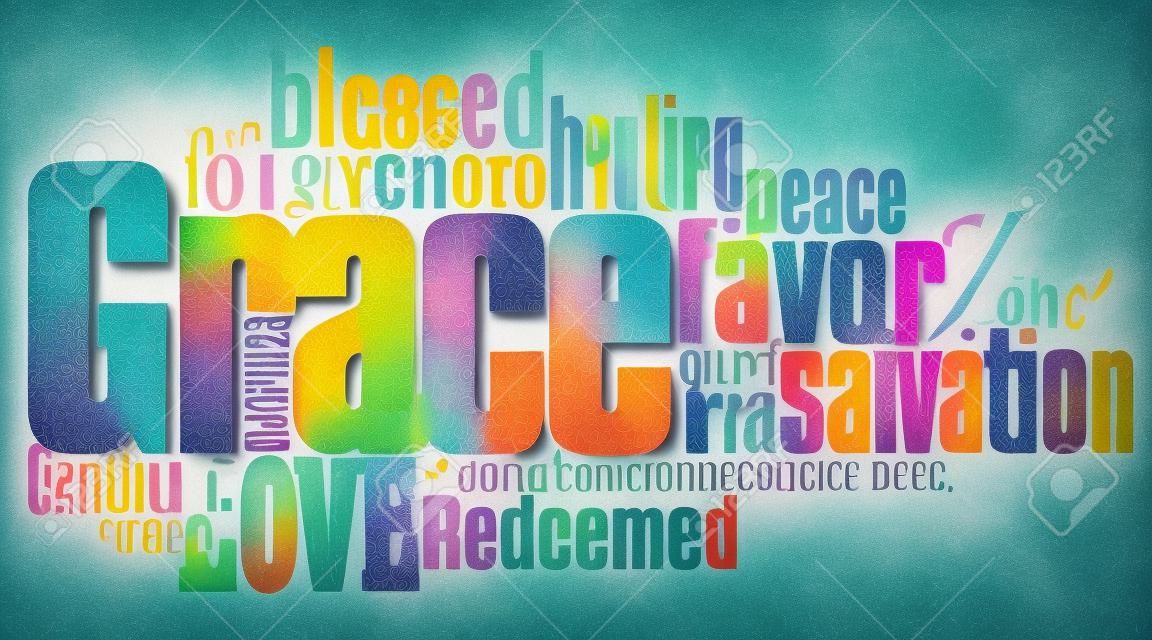 Grafikus tipográfiai montázs ábrázolása a keresztény fogalom Grace álló kapcsolódó szavak és meghatározó szavak. Egy inspiráló kortárs design.