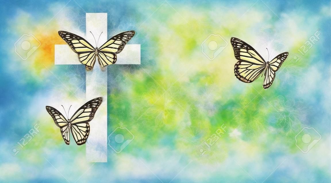 耶穌十字架的圖形構成設置了三隻美麗的蝴蝶。藝術適合作為賀卡封面以及獨立圖像的可能用途。