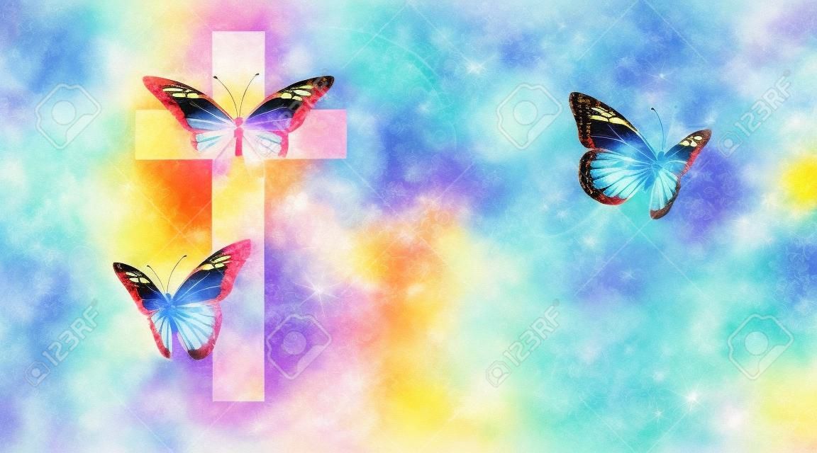 Graphic composition of the cross of Jesus setting free a trio of beautiful butterflies. Art suitable for possible use as greeting card cover as well as stand alone image.