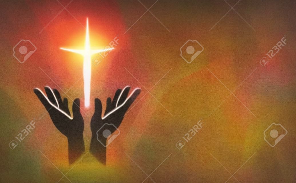 Ilustración conceptual gráfica de manos de adoración y forma humana brillante en forma de la cruz cristiana de Jesús. Arte para temas de resurrección de Pascua y gráficos espirituales.