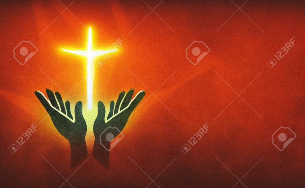 Ilustração conceitual gráfica de mãos adorando e forma humana brilhante em forma da cruz cristã de Jesus. Arte para temas da ressurreição da Páscoa e gráficos espirituais.