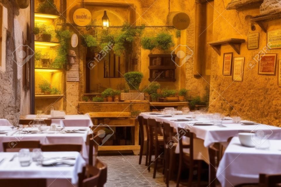Vista de un pequeño restaurante local o trattoria en Italia