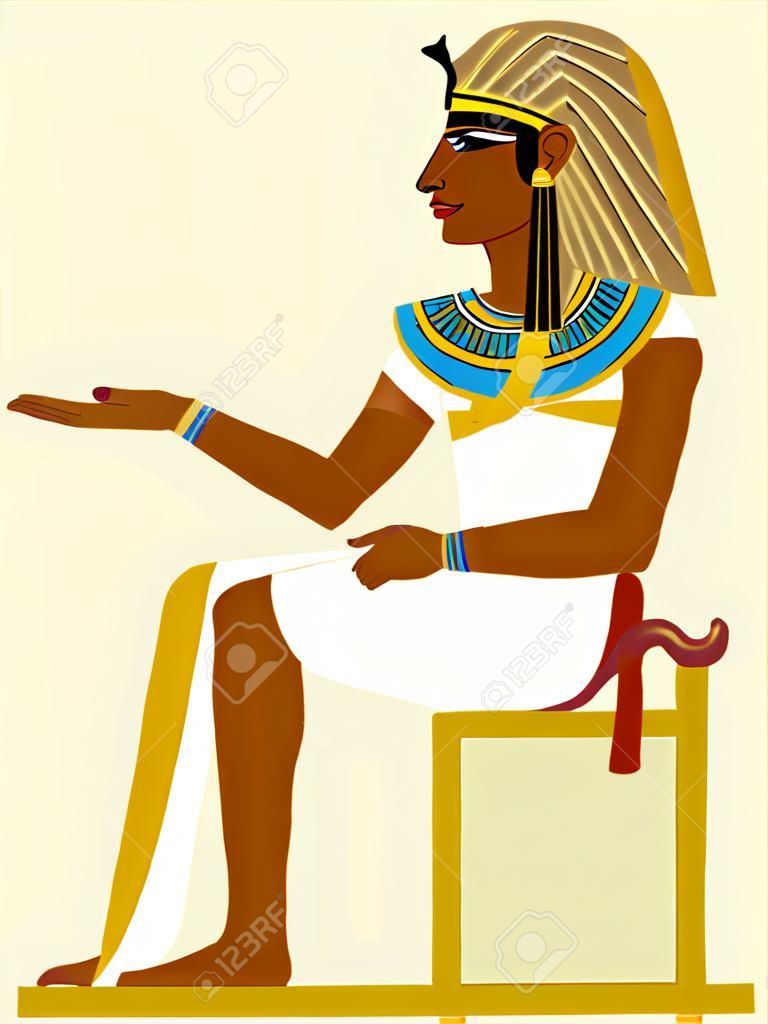 Faraón sentado en su trono. Fresco egipcio antiguo estilizado