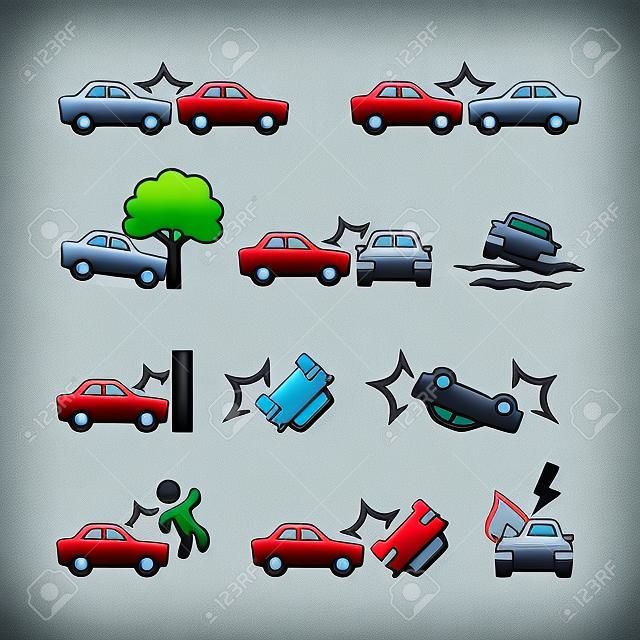 Conjunto de ícones relacionados ao acidente de carro