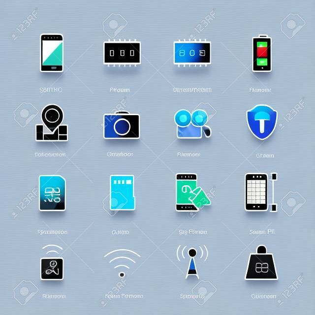 Smartphone parámetros conjunto de iconos: dimensiones de la pantalla, resolución, capacidad de ROM y RAM, batería, GPS, cámara y video, la protección, el número de tarjetas SIM y otros