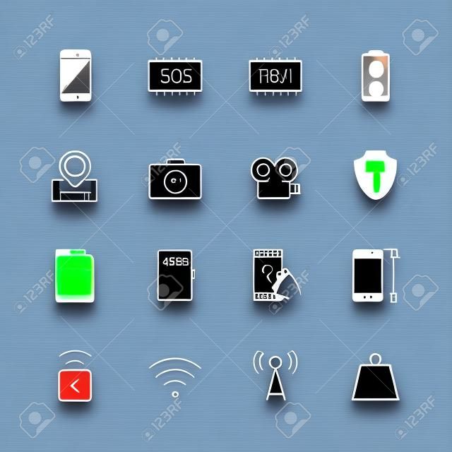 Smartphone parámetros conjunto de iconos: dimensiones de la pantalla, resolución, capacidad de ROM y RAM, batería, GPS, cámara y video, la protección, el número de tarjetas SIM y otros