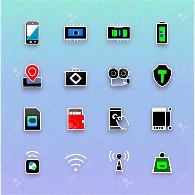 스마트 폰 매개 변수 아이콘을 설정 : 화면 크기, 해상도, ROM 및 RAM 용량, 배터리, GPS, 카메라, 비디오, 보호, sim 카드 등의 수