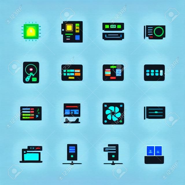 Conjunto de ícones de eletrônicos e gadgets: processador, placa-mãe, RAM, placa de vídeo, hdd, ssd, sshd, unidade de energia, cd-rom, refrigerador, servidor, adaptador