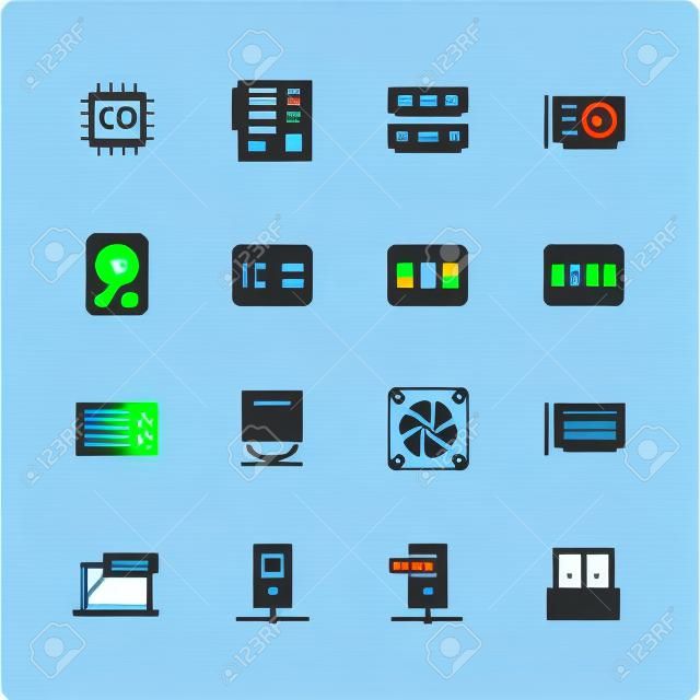 Conjunto de ícones de eletrônicos e gadgets: processador, placa-mãe, RAM, placa de vídeo, hdd, ssd, sshd, unidade de energia, cd-rom, refrigerador, servidor, adaptador