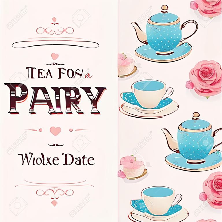 Vektoros tea party meghívó csészékkel és virágokkal