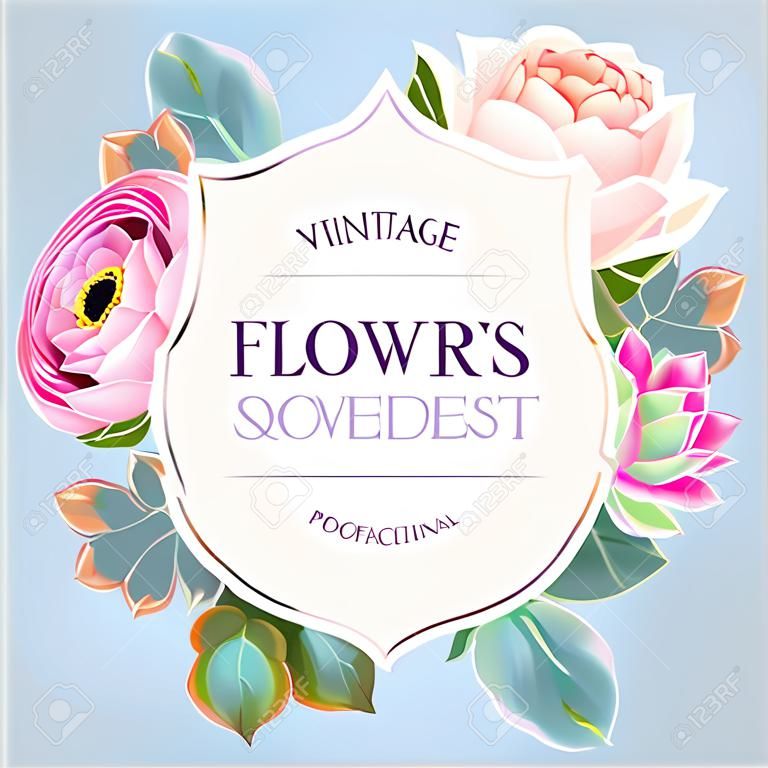 Carte de mariage vintage avec fleurs et plantes succulentes