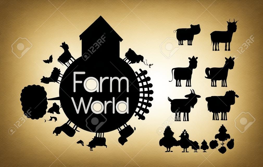 Silhouetten, Tiere, Bauernhof auf weißem Hintergrund. Abbildung