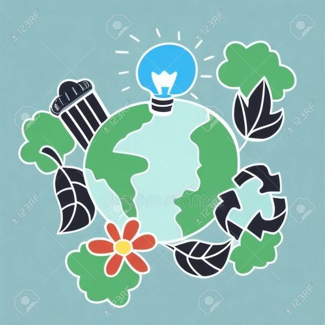 cute ecology with planet, hand drawing. vector illustration