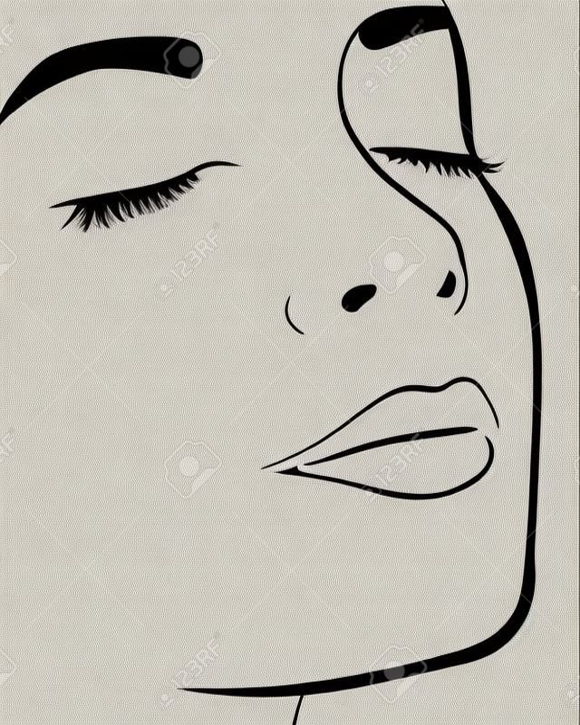 Beyaz zemin üzerine izole kadının yüzünün siluet hatları, vektör çizim