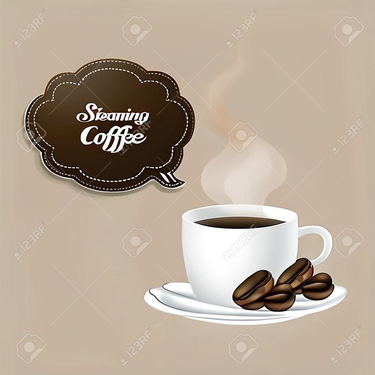Illustration of cups of steaming coffee on plate, vector illustration