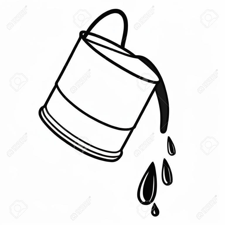 Paint bucket spilling icon in black contour vector illustration.