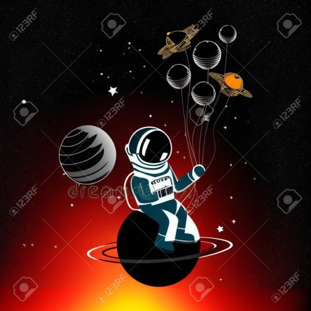 silhouet van astronaut met spacesuit in het ruimtevector illustratie ontwerp