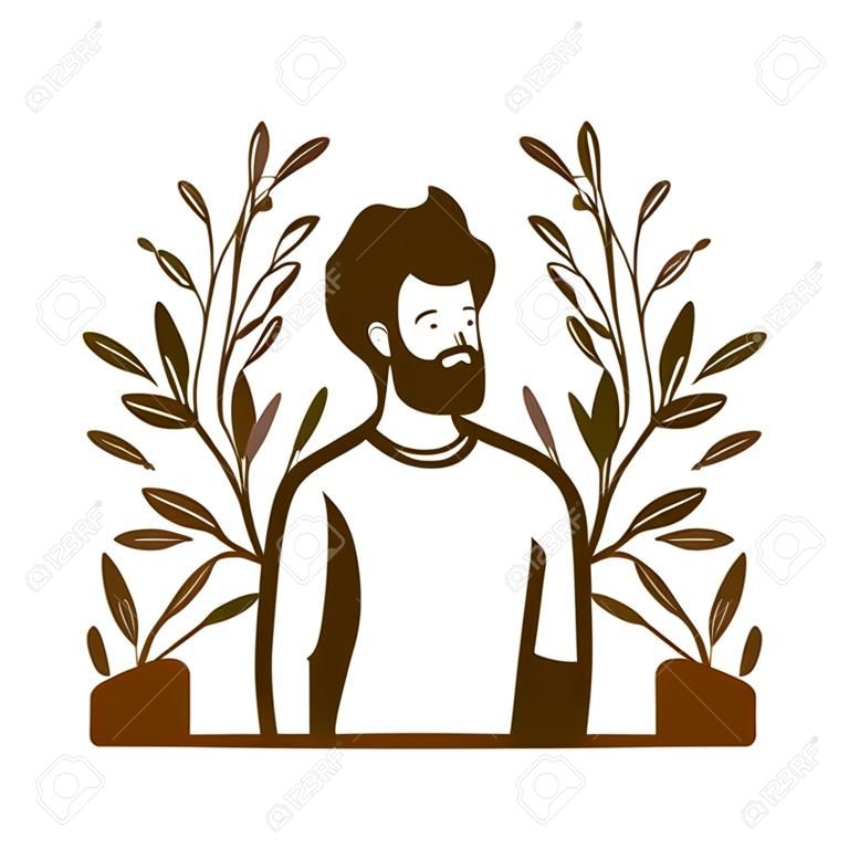 silhouette of man with landscape of branches and leaves of background vector illustration design