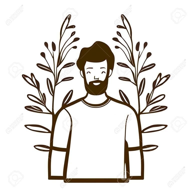 silhouette of man with landscape of branches and leaves of background vector illustration design