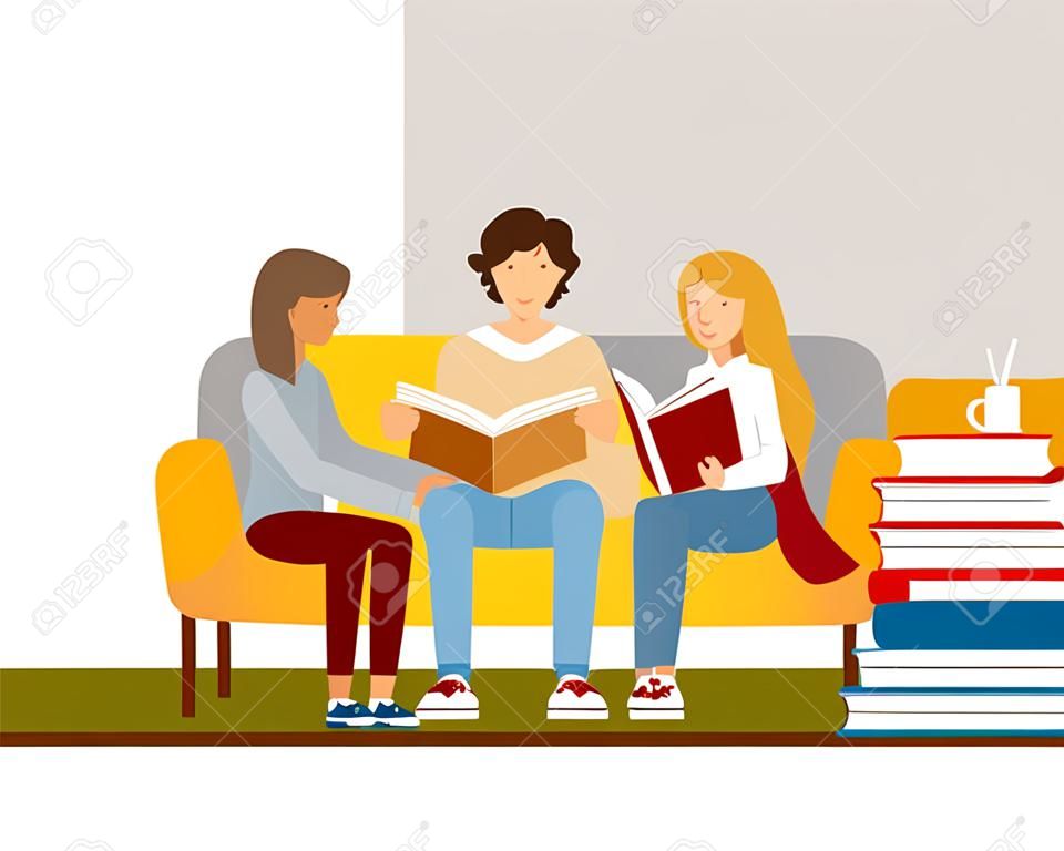 grupo de pessoas sentadas na cadeira com livro nas mãos vector ilustração design