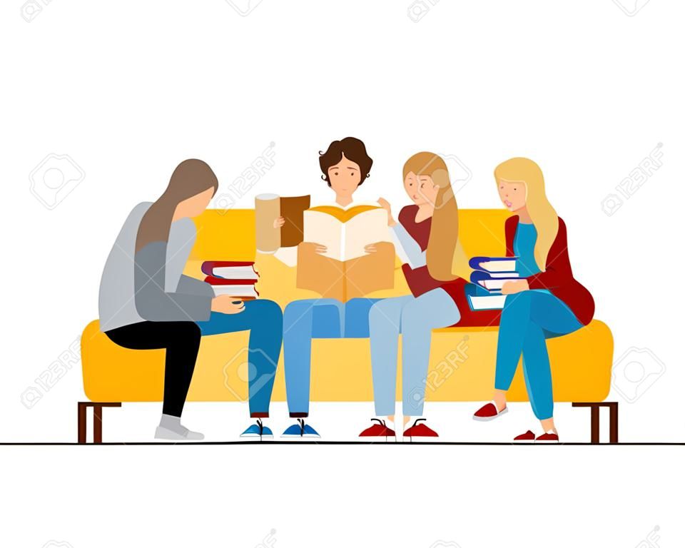 grupo de pessoas sentadas na cadeira com livro nas mãos vector ilustração design