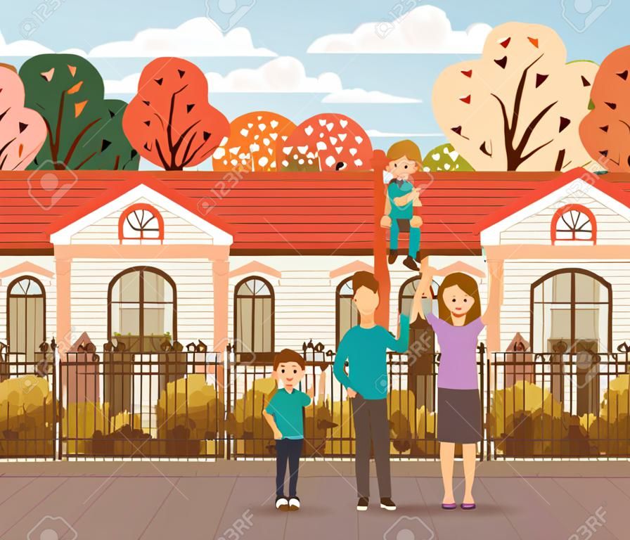 어머니 아버지 딸 아들 집과 나무 디자인, 가족 관계 세대 라이프스타일 사람 캐릭터 우정과 초상화 테마 벡터 그림