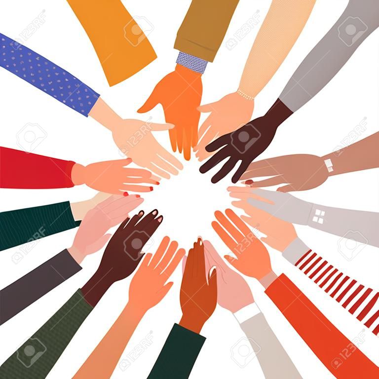 diversità delle mani che si toccano tra loro nel design del cerchio, razza multietnica delle persone e tema della comunità Illustrazione vettoriale