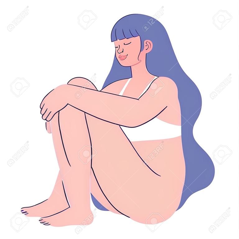 Frau in Unterwäsche mit lila Haaren und sitzendem Vektorgrafik-Design