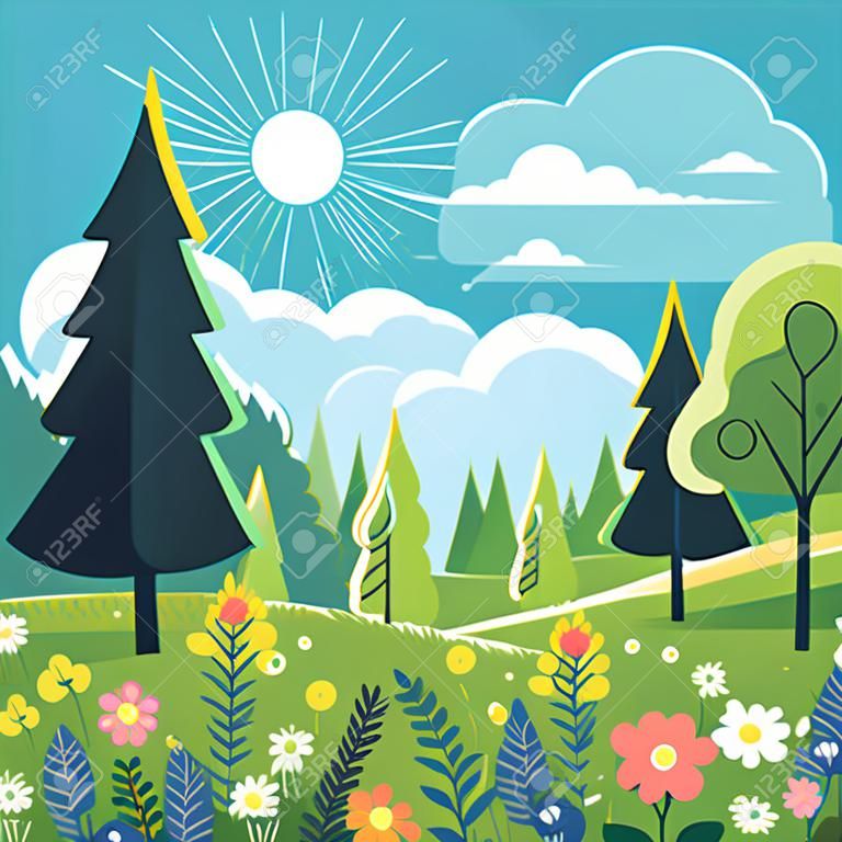 Summer landscape green meadow with blue sky. Colorful wild flowers blooming. Artistic drawing with green forest and natural flora. Scenic background of outdoor countryside. Vector illustration