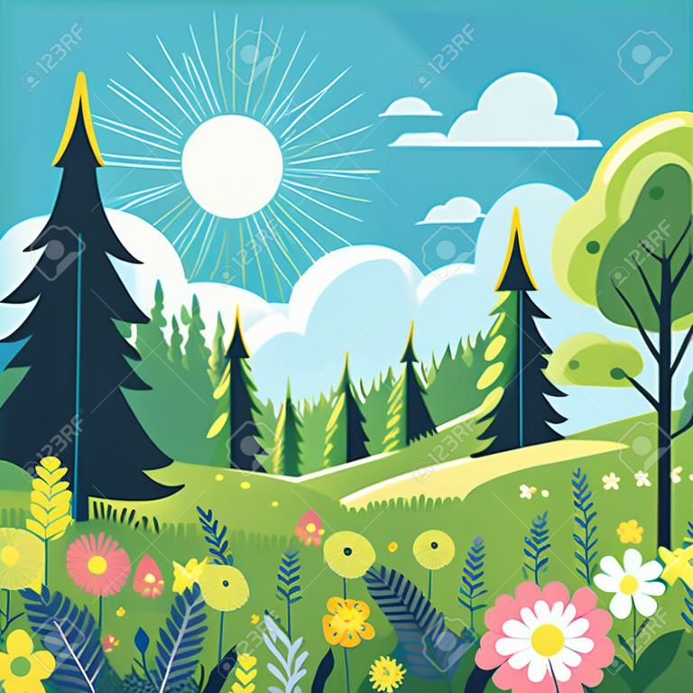 Paisaje de verano pradera verde con cielo azul coloridas flores silvestres floreciendo dibujo artístico con bosque verde y flora natural fondo escénico de campo al aire libre ilustración vectorial