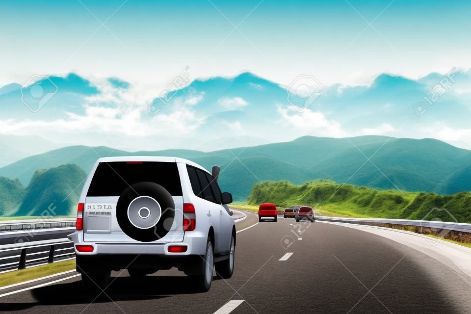 SUV Car Driving In Motorway Highway Freeway Road With Mountains Landscape On Background. Auto Travel Trip Concept.