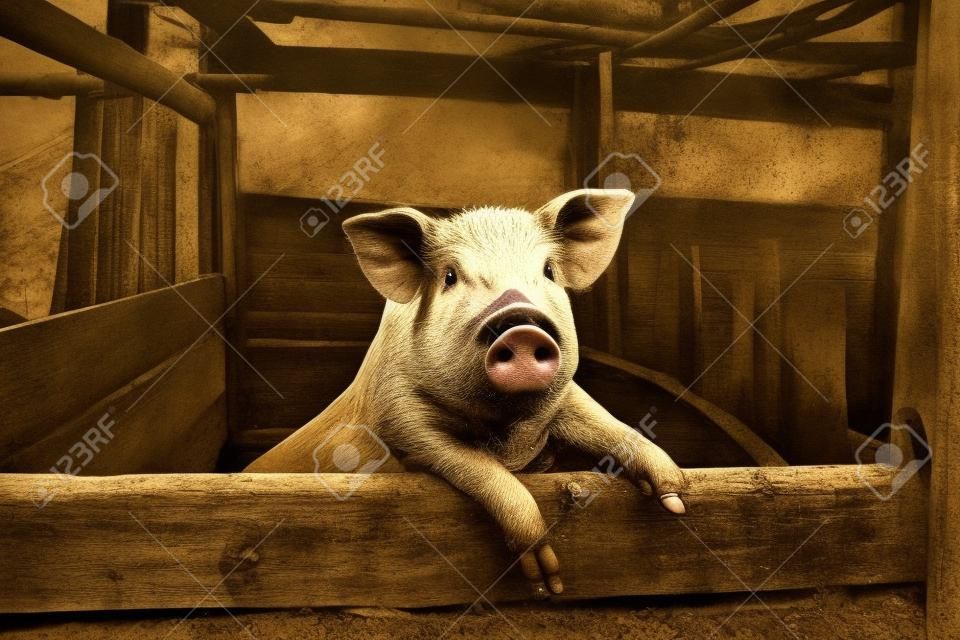 Un maiale sporco nel letame, sporco maiale appesa una recinzione.